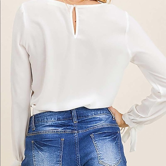 White Long Sleeve Sheer Crop Top With Tie Sleeve - Picture 2 of 3